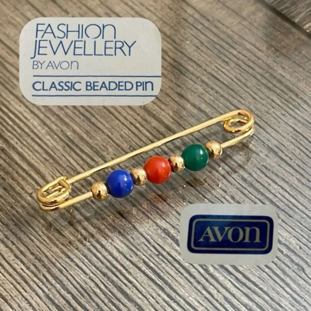 Vintage Avon Classic Beaded Pin Gold-tone Metal Safety Pin - Brooch